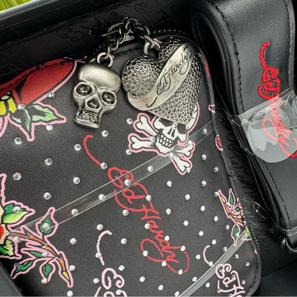 Ed Hardy Belt Bag with Charms – Rhinestone Skull & Roses Y2K Black